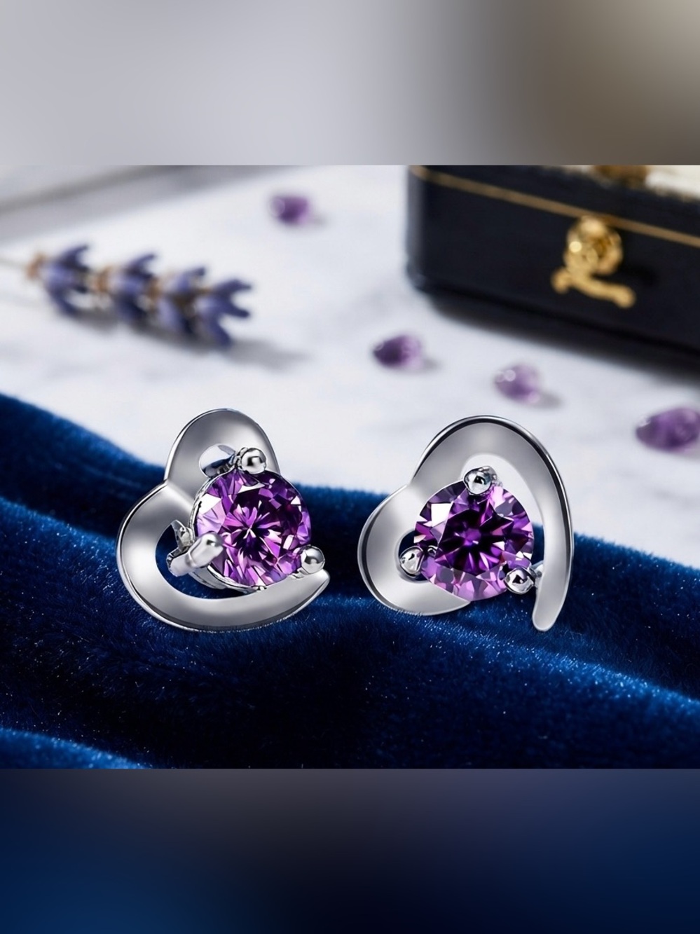 Silver Heart Stud Earrings with Purple Crystal.3 for $10.NWT!